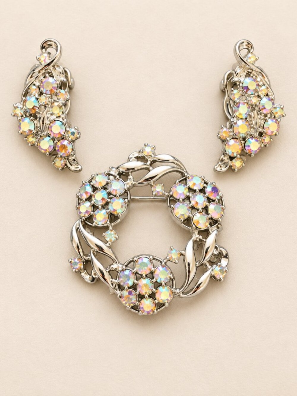 Vintage Aurora Borealis Rhinestone Brooch & Clip-On Earrings Set